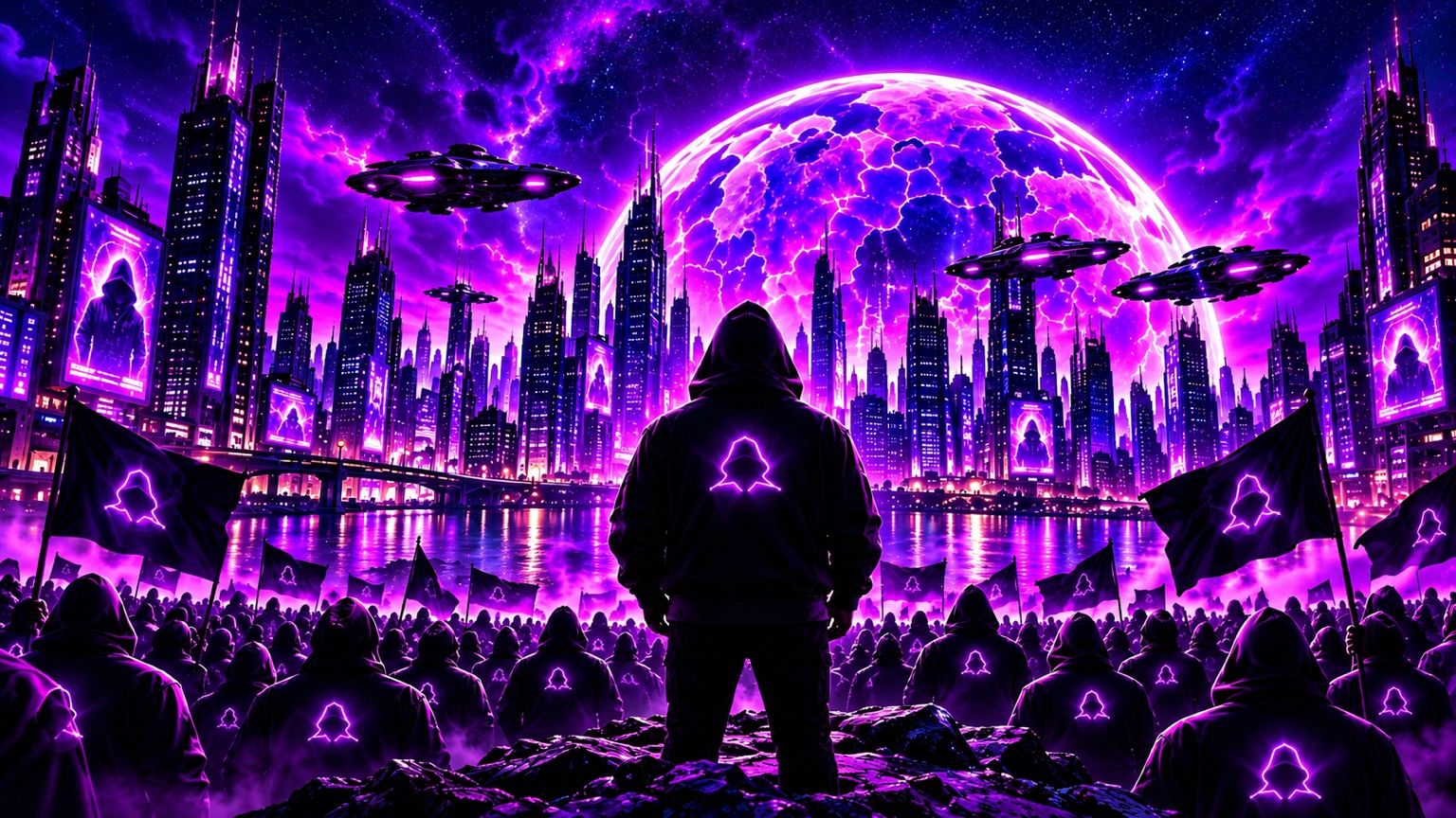 NOBODY community gathering in neon city